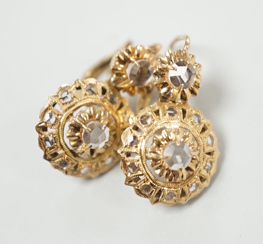 A pair of yellow metal and simulated rose cut diamond cluster set drop earrings, overall 21mm, gross weight 3 grams.